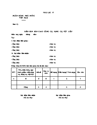 Biên bản Bàn giao công cụ, dụng cụ, vật liệu - Thông tư 35/2019/TT-NHNN
