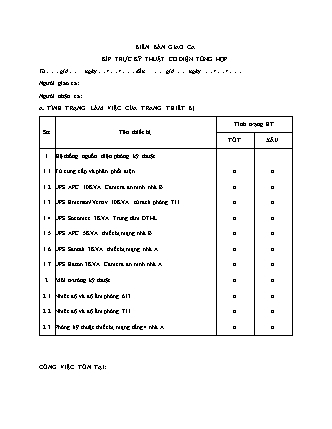 Biên Bản Giao Ca Kíp Trực Kỹ Thuật Cơ Điện Tổng Hợp - Quyết định 1043/QĐ-CHK
