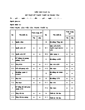 Biên bản Giao ca kíp trực kỹ thuật thiết bị trung tâm - Quyết định 1043/QĐ-CHK