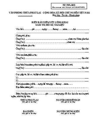 Biên bản Niêm yết công khai giấy tờ, hồ sơ, tài liệu (Văn phòng Thừa phát lại) - Thông tư 05/2020/TT-BTP