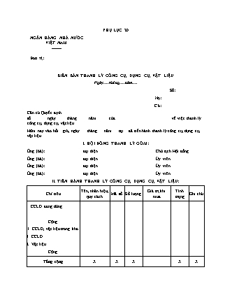 Biên bản Thanh lý công cụ, dụng cụ, vật liệu- Thông tư 35-2019/TT-NHNN