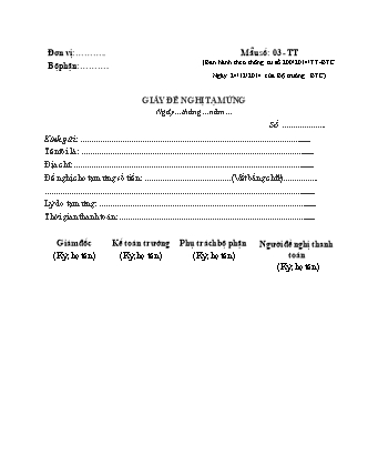 Mẫu Giấy đề nghị tạm ứng – 03-TT - Thông tư số 200/2014/TT-BTC