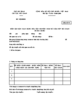 Biên bản bàn giao hàng hóa vận chuyển chịu sự giám sát hải quan - Quyết định 3272-QĐ-TCHQ