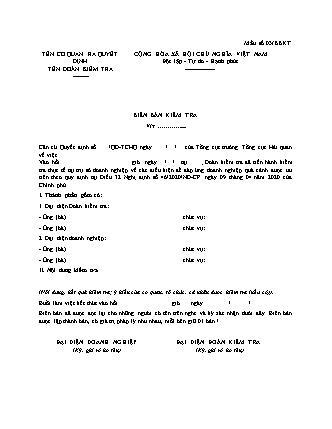 Biên bản Kiểm tra tại trụ sở doanh nghiệp - Mẫu số 03-BBKT - Thông tư 42-2020-TT-BTC
