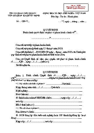 Quyết định Đính chính quyết định xử phạt vi phạm hành chính (về thuế và hóa đơn) - Mẫu số 10-QĐ