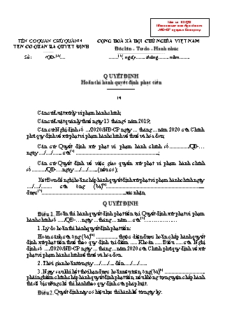 Quyết định Hoãn thi hành quyết định phạt tiền (về thuế và hóa đơn) - Mẫu số 02-QĐ