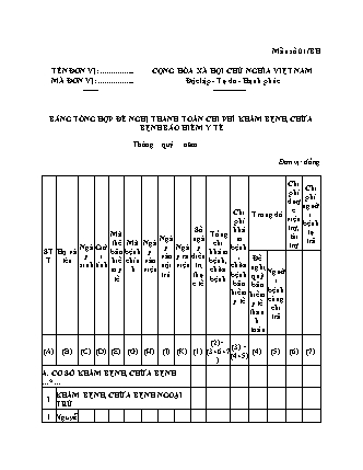 Bảng Tổng Hợp Đề Nghị Thanh Toán Chi Phí Khám Bệnh, Chữa Bệnh Bảo Hiểm Y Tế - Mẫu số 01-BH-Thông tư 12-2026-TT-BTC