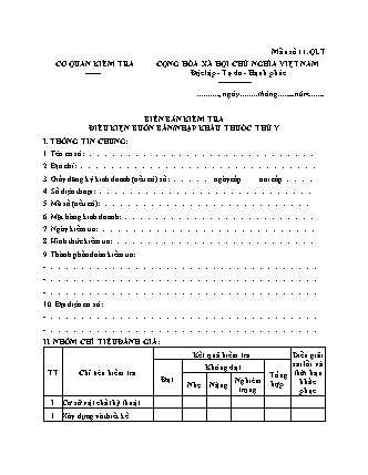Biên bản kiểm tra điều kiện buôn bán, nhập khẩu thuốc thú y - Mẫu số 11.QLT - Nghị định 32-2026-NĐ-CP
