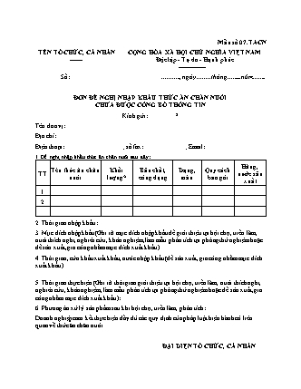 Đơn đề nghị nhập khẩu thức ăn chăn nuôi chưa được công bố thông tin - Mẫu số 07.TACN - Nghị định 32-2026-NĐ-CP
