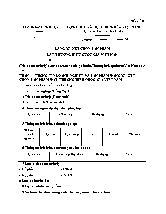 Mẫu Đăng ký xét chọn sản phẩm đạt Thương hiệu Quốc gia Việt Nam - Quyết định 03-2026-QĐ-TTg