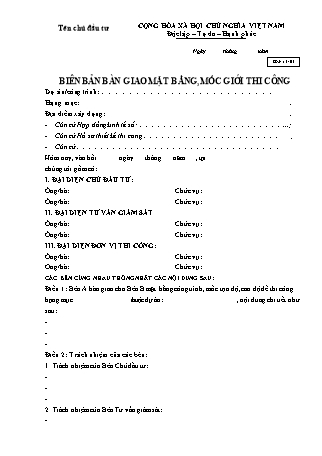 Biên bản bàn giao mặt bằng, mốc giới thi công