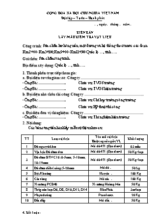 Biên bản lấy mẫu kiểm tra vật liệu