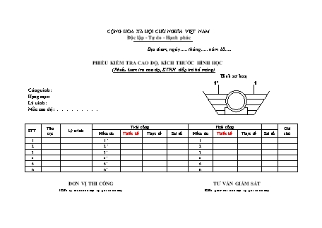 Phiếu kiểm tra cao độ, kỹ thuật hình học đắp trả hố móng