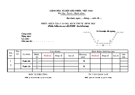 Phiếu kiểm tra cao độ và kiểm tra kỹ thuật hình học đào hố móng